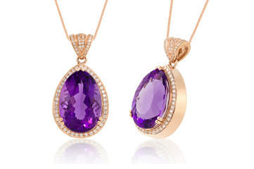 Amethyst pear cut, diamonds accents pendant in rose gold