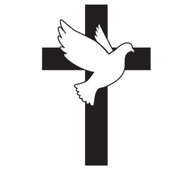 Dove flying with a Symbol of Religion. Cross. Dove Of Peace. Vector illustration. Holy Spirit. Church logo.