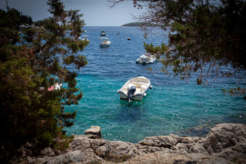 Small boat port at the Majerovica beach at Hvar island, Croatia, famous for its beautiful, blue sea