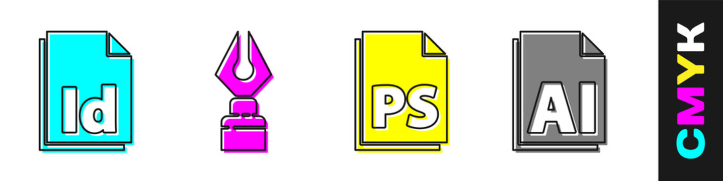 Set ID File document, Fountain pen nib, PS File document and AI file document icon. Vector.
