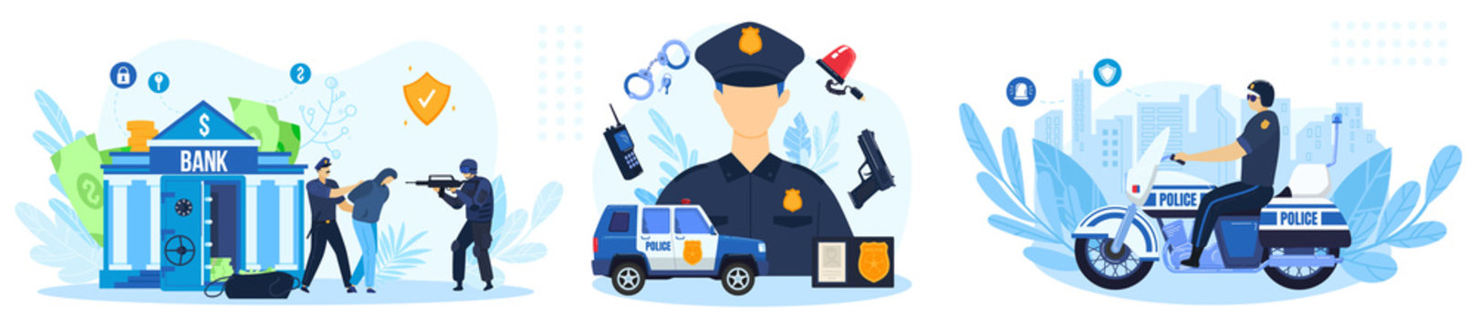 Police work vector illustration set. Cartoon flat policeman character working, policeofficer patrol people arrest thief, security officers protect bank from criminal attack robbery isolated on white