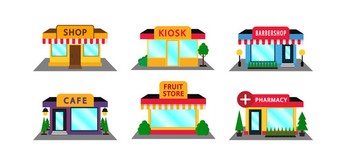Set of vector facade shop icons in flat style. Includes: pharmacy, hairdresser, kiosk, fruit shop, shop and cafe.