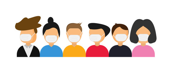 Group of people in white medical masks. Protection against rotavirus diseases, influenza, air pollution. Prevention against coronavirus. Vector. Covid-19