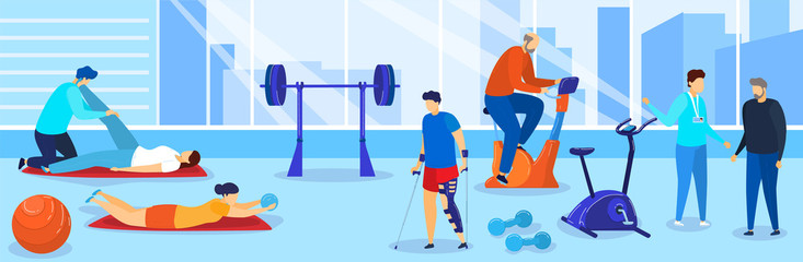 Therapy rehabilitation vector illustration. Cartoon flat people with disabilities doing rehab sport exercise in gym, characters practicing physiotherapy with doctor therapist instructor background - obrazy, fototapety, plakaty
