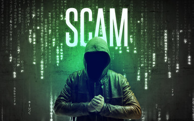 Faceless hacker with SCAM inscription, hacking concept