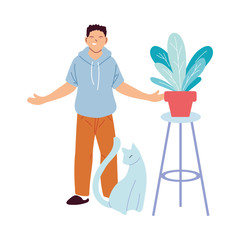 Fototapeta premium man cartoon with cat and plant vector design