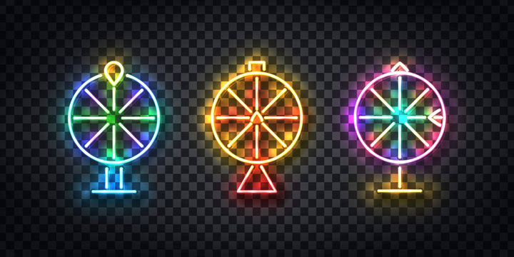 Vector Set Of Realistic Isolated Neon Sign Of Wheel Of Fortune Logo For Template Decoration And Covering On The Transparent Background. Concept Of Roulette And Jackpot.