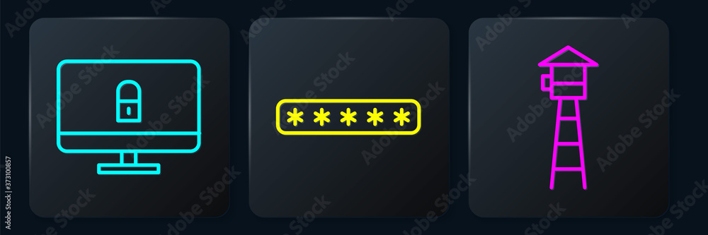 Poster set line lock on computer monitor, watch tower and password protection. black square button. vector.