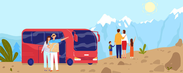 People travel by bus, mountain adventure vector illustration. Cartoon flat family tourist characters traveling, enjoying nature mountainous landscape on bus trip, scene of outdoor tourism background