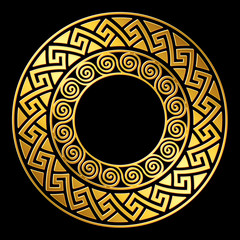 Traditional vintage Golden round Greek ornament, Meander pattern on black background.