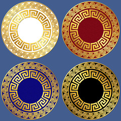 Set of Gold circle Greek ornament, Meander pattern, on black, white, red and blue background