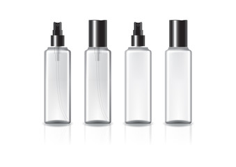 Clear and white square cosmetic bottle with black spray head and lid.