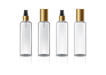 Clear and white square cosmetic bottle with gold spray head and lid.