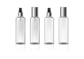Clear and white square cosmetic bottle with silver spray head and lid.