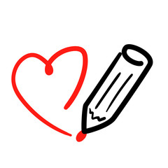 Review icon in hand drawn style on white background. Vintage sketch illustration with pencil and painted red heart. Feedback Web Writing vector line logo. Outline round symbol fo highlights