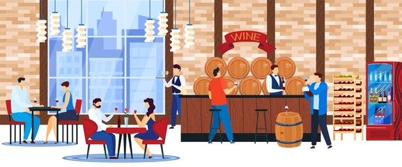 People drink wine vector illustration. Cartoon flat man woman characters sitting at tables in restaurant or bar interior, ordering from waiter or bartender and drinking alcohol wine drink background