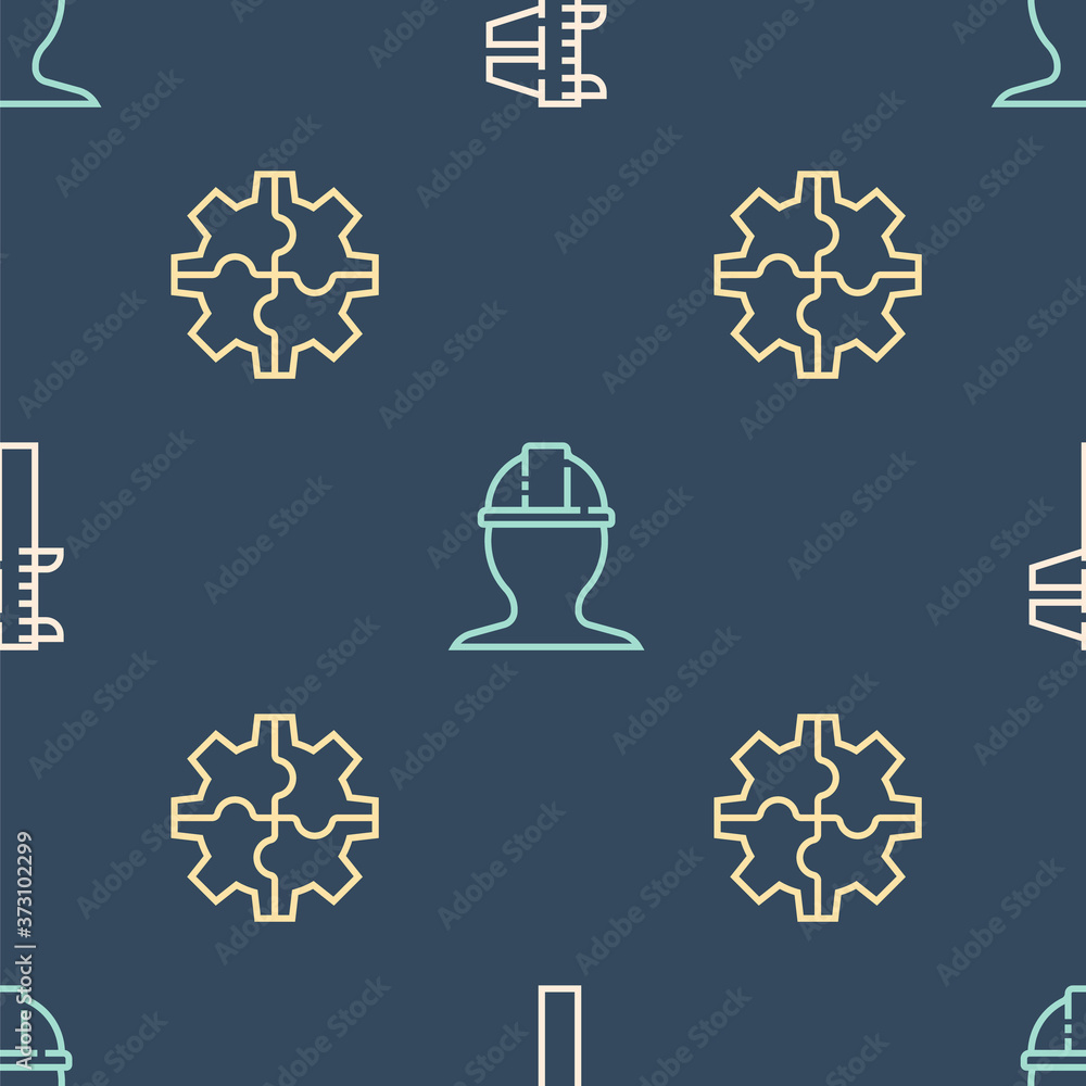 Poster set line calliper or caliper and scale, gear and worker safety helmet on seamless pattern. vector.