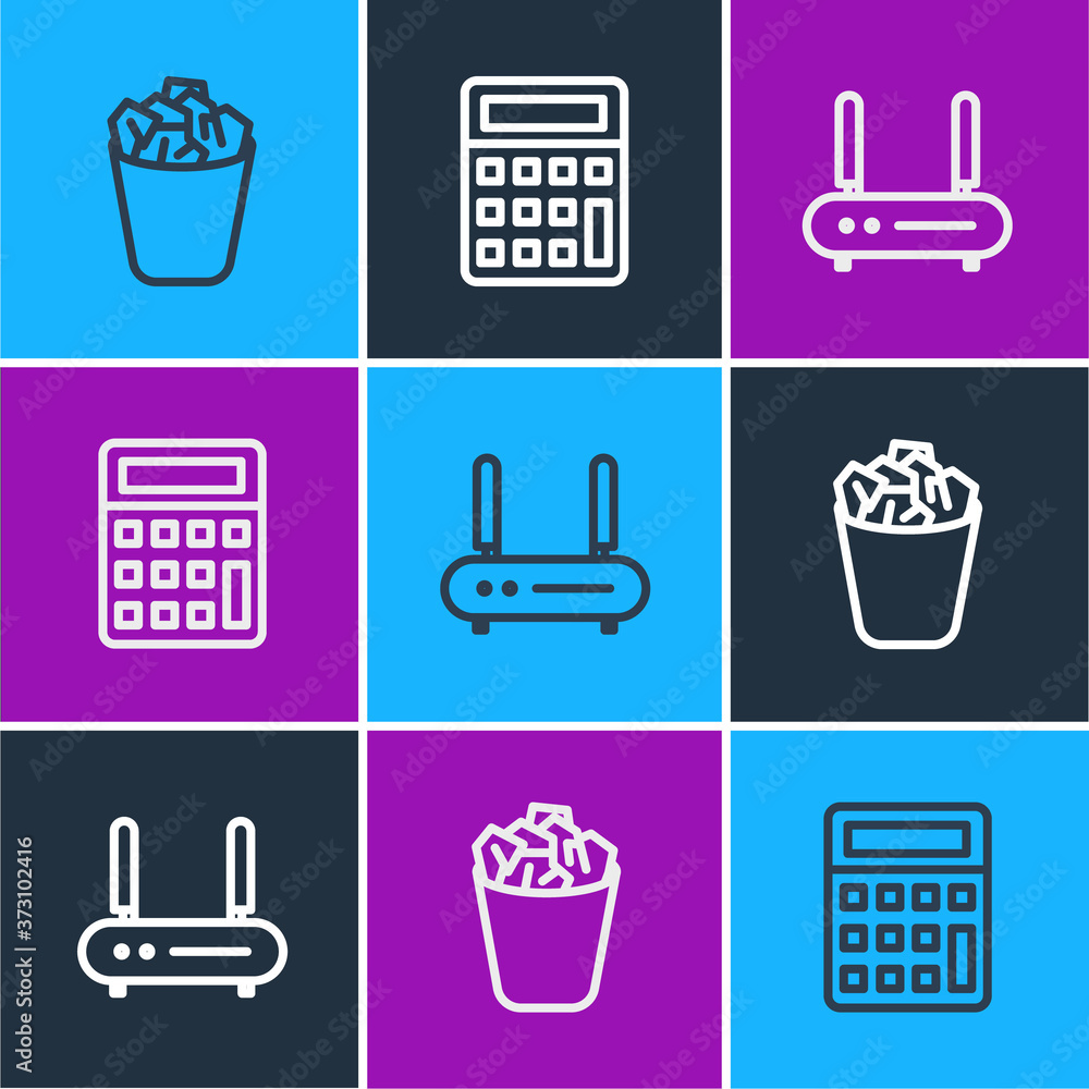 Poster set line full trash can, router and wi-fi signal and calculator icon. vector.