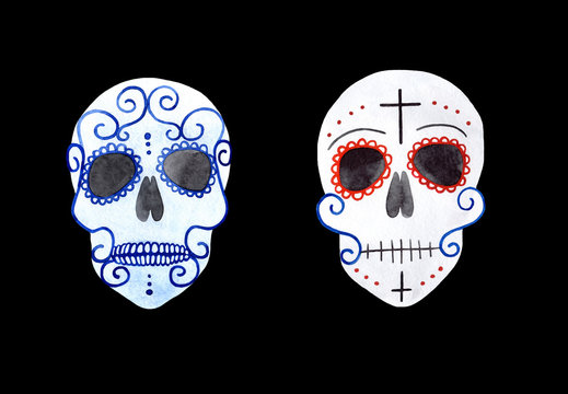 Watercolor hand drawn illustration of Mexican sugar skulls with color ornament . On a black background. Day of the death illustration