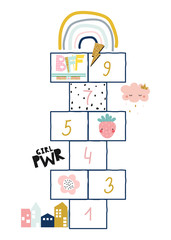 Hopscotch kids game with  cute graphics. Vector hand drawn illustration.