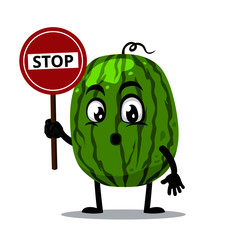Vector illustration of watermelon mascot or character holding sign says stop