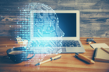 Double exposure of desktop computer and human brain drawing hologram. Ai concept.