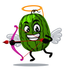 Vector illustration of watermelon mascot or character wearing cupid costume and holding a bow