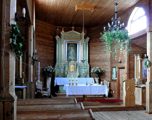 built in 1932, a wooden Roman Catholic branch church dedicated to God's Mercy at the palace and park complex in the city of Łochów in Masovia, Poland