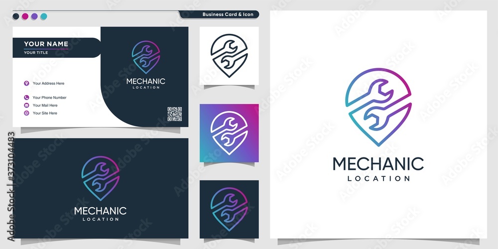 Poster mechanic logo location with gradient line art style and business card design template premium vector