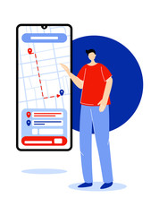 Man ordering taxi online on phone. Online service for order taxi. Phone app for taxi service. Vector illustration.