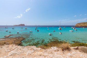 Fototapeta na wymiar Panoramic view of Cala Escondida . Cala Comte, Ibiza, Balearic Islands. Spain
