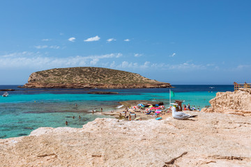 Beautiful beach Cala Escondida with turquoise water on the island of Ibiza, Cala Comte, Balearic Islands. Spain