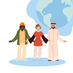 woman black and arabish men cartoons with world sphere vector design