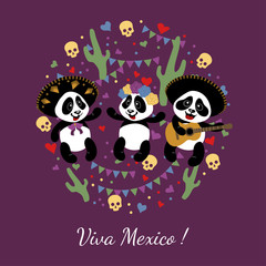 Little funny pandas have fun at the festival. Children's illustration is decorated with confit, garlands, skulls, cacti.