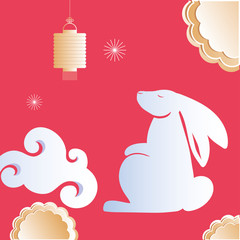 white rabbit with lantern and cloud of happy mid autumn festival vector design