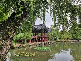 Fototapeta premium Namwon-si, Jeollabuk-do, South Korea - 24th July 2020 : Scenery of Gwanghallu Garden or Gwanghallu Pavilion on a rainy day