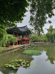 Namwon-si, Jeollabuk-do, South Korea - 24th July 2020 : Scenery of Gwanghallu Garden or Gwanghallu Pavilion on a rainy day