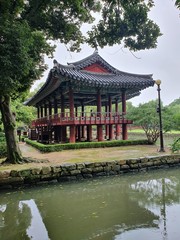 Namwon-si, Jeollabuk-do, South Korea - 24th July 2020 : Scenery of Gwanghallu Garden or Gwanghallu Pavilion on a rainy day