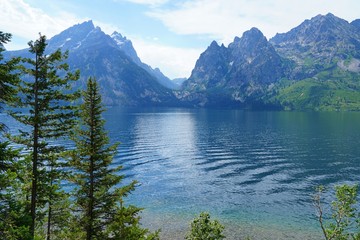 View of Jenny Lake in summer in Grand Teton National Park in Wyoming, United States