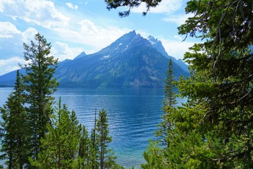 View of Jenny Lake in summer in Grand Teton National Park in Wyoming, United States