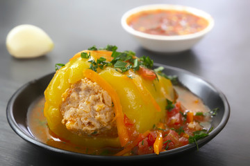Baked bell peppers stuffed with meat, onions, rice, served in a vegetable sauce with tomatoes and herbs. Close-up