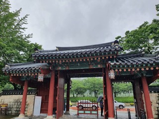 Namwon-si, Jeollabuk-do, South Korea - 24th July 2020 : Scenery of Gwanghallu Garden or Gwanghallu Pavilion on a rainy day
