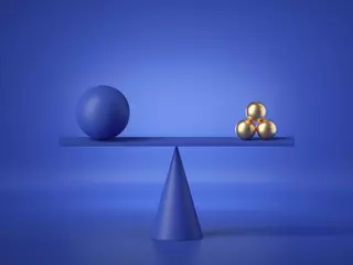 Foto op Canvas 3d render, balancing blue and gold balls placed on weighing scales, abstract geometric primitive shapes isolated on blue background. Equivalent or comparison metaphor, balance concept. Minimal design © NeoLeo