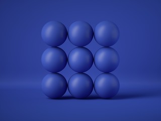 3d render, abstract geometric design: blue balls isolated on blue background. Balance, gravity, unity concept. Modern design. Matrix of primitive shapes