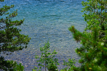 View of Jenny Lake in summer in Grand Teton National Park in Wyoming, United States