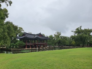 Namwon-si, Jeollabuk-do, South Korea - 24th July 2020 : Scenery of Gwanghallu Garden or Gwanghallu Pavilion on a rainy day
