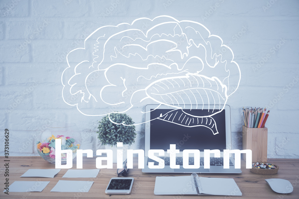 Poster Desktop computer background in office and start up theme hologram drawing. Double exposure. Startup concept.