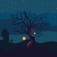 Halloween tree in front of cemetery vector design
