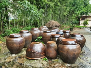Obraz premium Namwon-si, Jeollabuk-do, South Korea - 24th July 2020 : Scenery of Gwanghallu Garden or Gwanghallu Pavilion on a rainy day