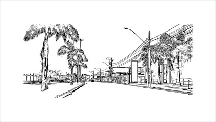 Building view with landmark of Aracaju is the capital of Sergipe state on Brazil’s northeast coast. Hand drawn sketch illustration in vector. - obrazy, fototapety, plakaty